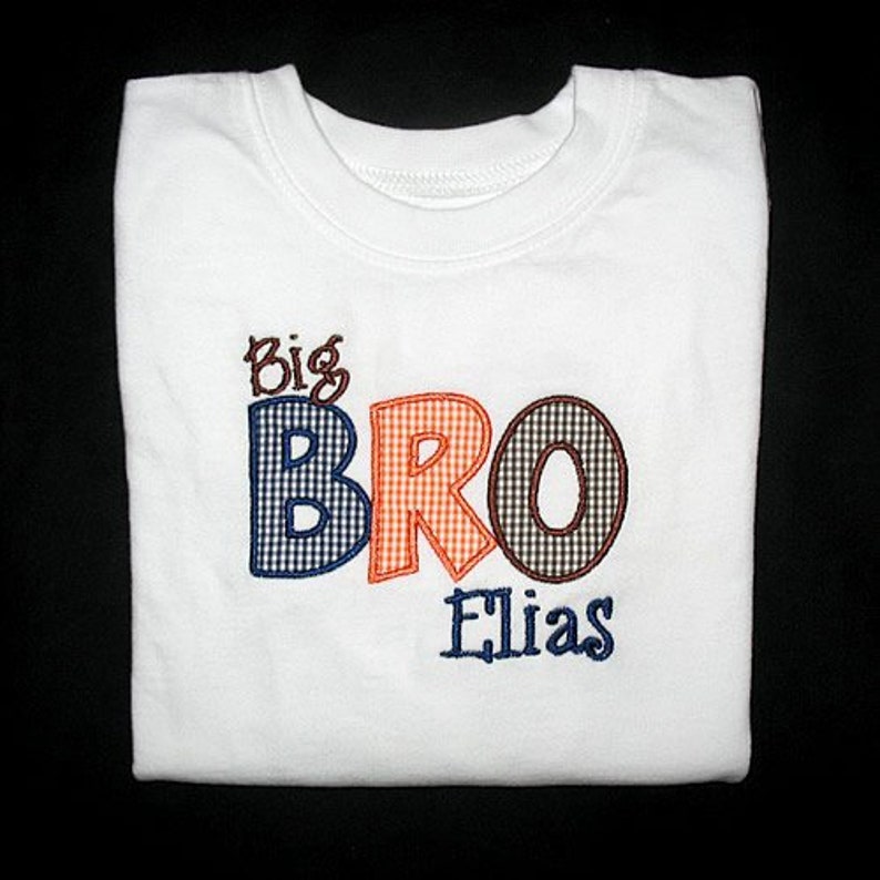 Middle or Little BROTHER and NAME Bodysuit or Shirt and Brown Mini Gingham Check Navy Blue Orange Custom Personalized Applique Big