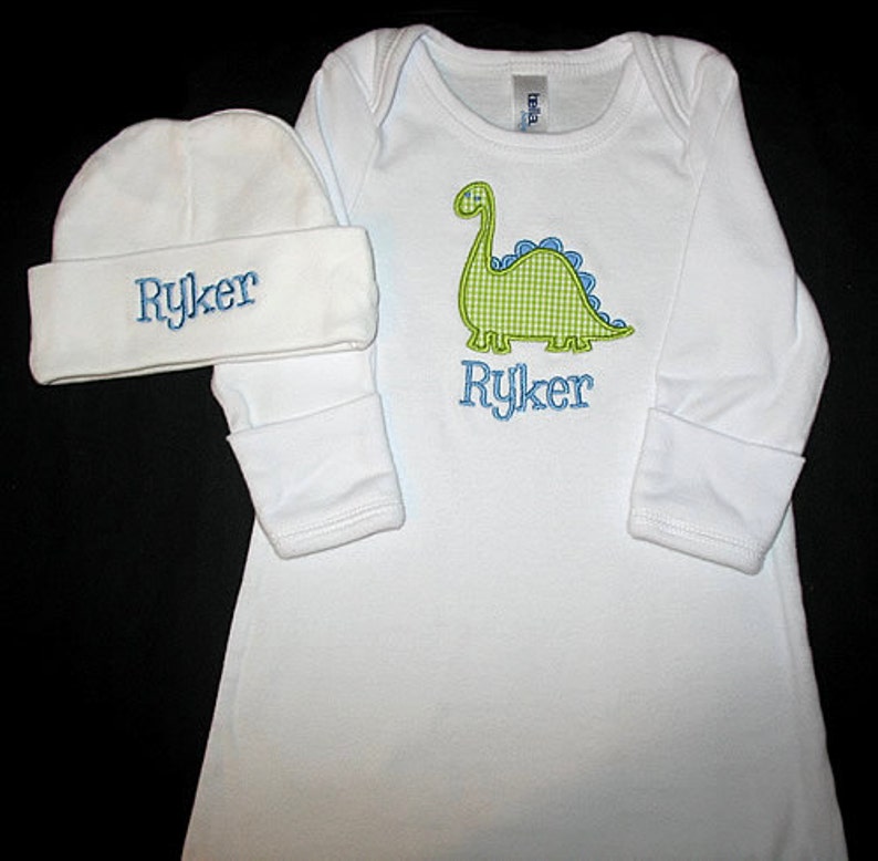 Custom Personalized Applique Gingham DINOSAUR and NAME Gown and Hat Set Blue and Lime Green