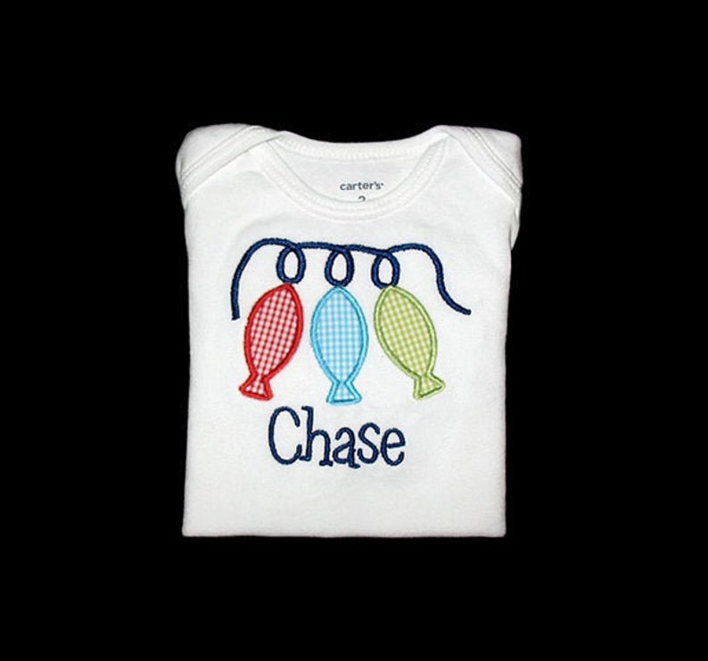 and Lime Green Mini Gingham Check and Navy Blue Custom Personalized Applique STRING of FISH and NAME Bodysuit or Shirt Aqua Red