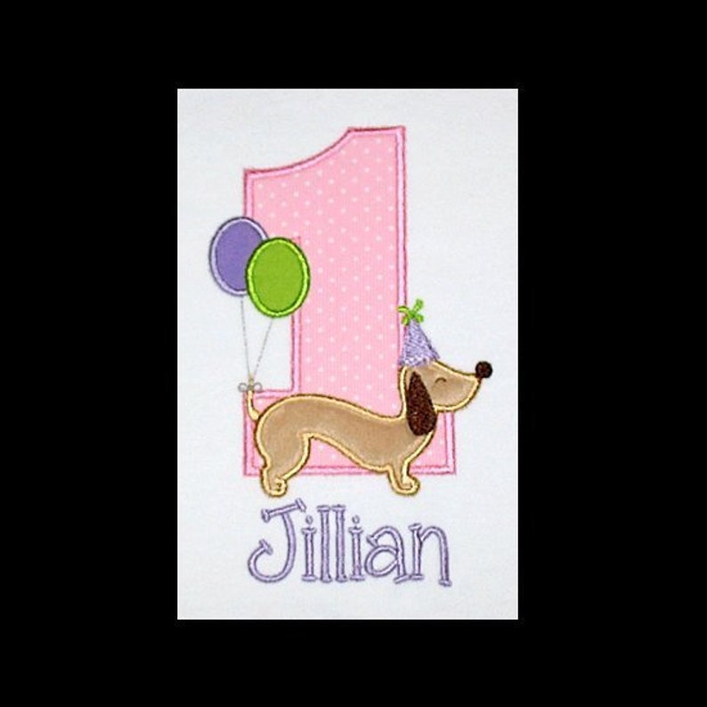 Lavender Lime 1st 2nd Balloons and NAME Shirt or Bodysuit Personalized Applique Birthday Furry Minky PUPPY DOG with Hat Pink Polka Dots