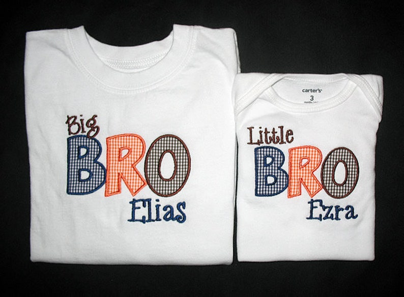 Middle or Little BROTHER and NAME Bodysuit or Shirt and Brown Mini Gingham Check Navy Blue Orange Custom Personalized Applique Big
