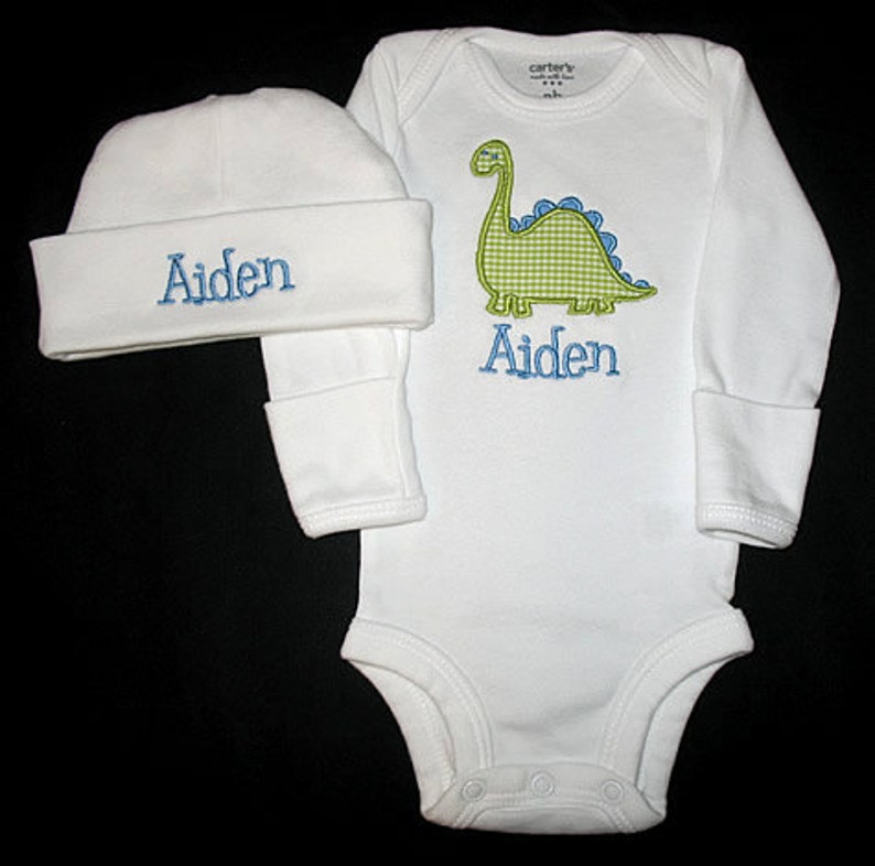 Custom Personalized Applique Gingham DINOSAUR and NAME Gown and Hat Set Blue and Lime Green