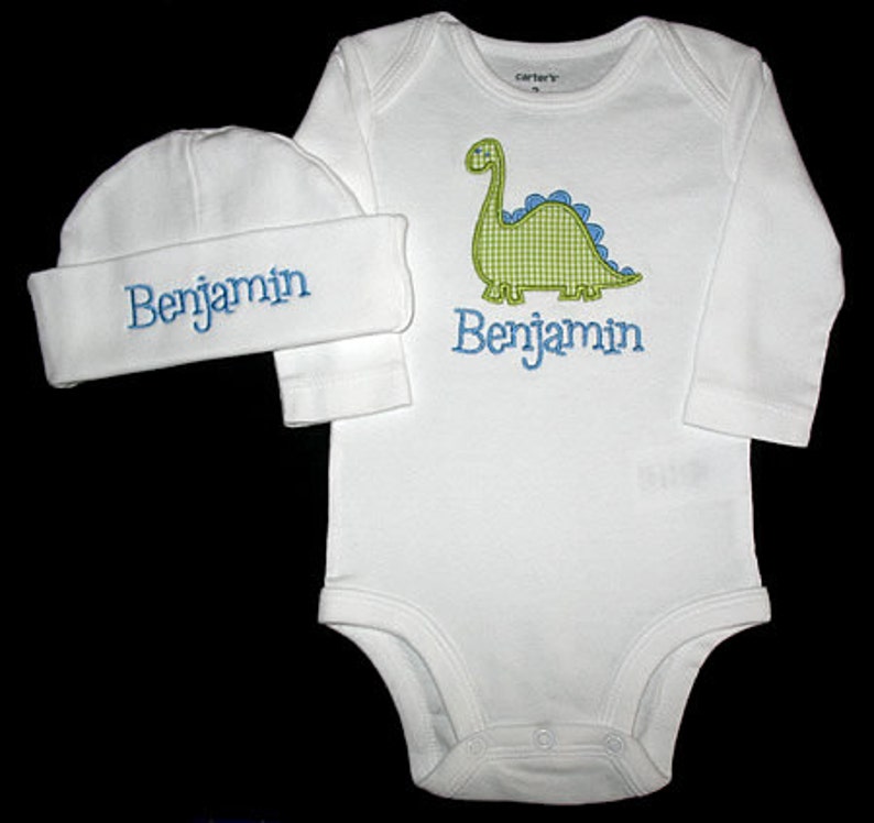 Custom Personalized Applique Gingham DINOSAUR and NAME Gown and Hat Set Blue and Lime Green