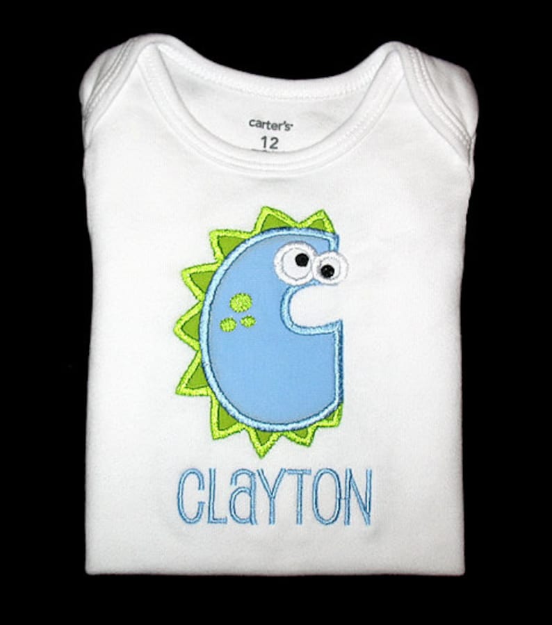 Lt Blue and Lime Green Custom Personalized Applique DINOSAUR ALPHABET and NAME Bodysuit or Shirt