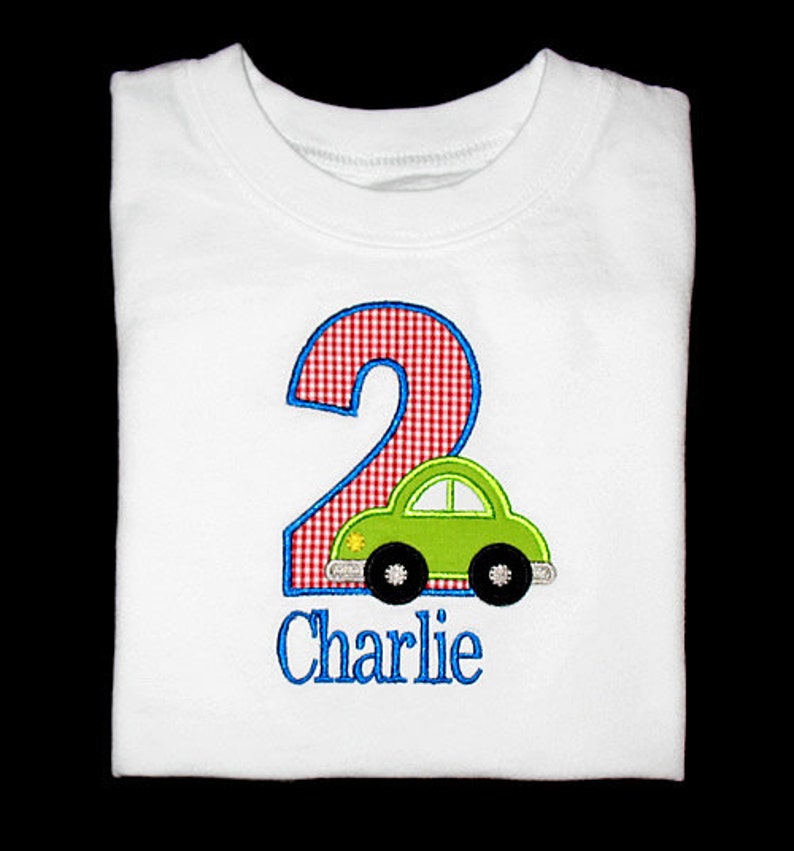 1st 2nd 3rd 4th 5th Royal Blue Personalized Applique Birthday Number with CAR and NAME Shirt or Bodysuit Red Gingham Check Lime Green