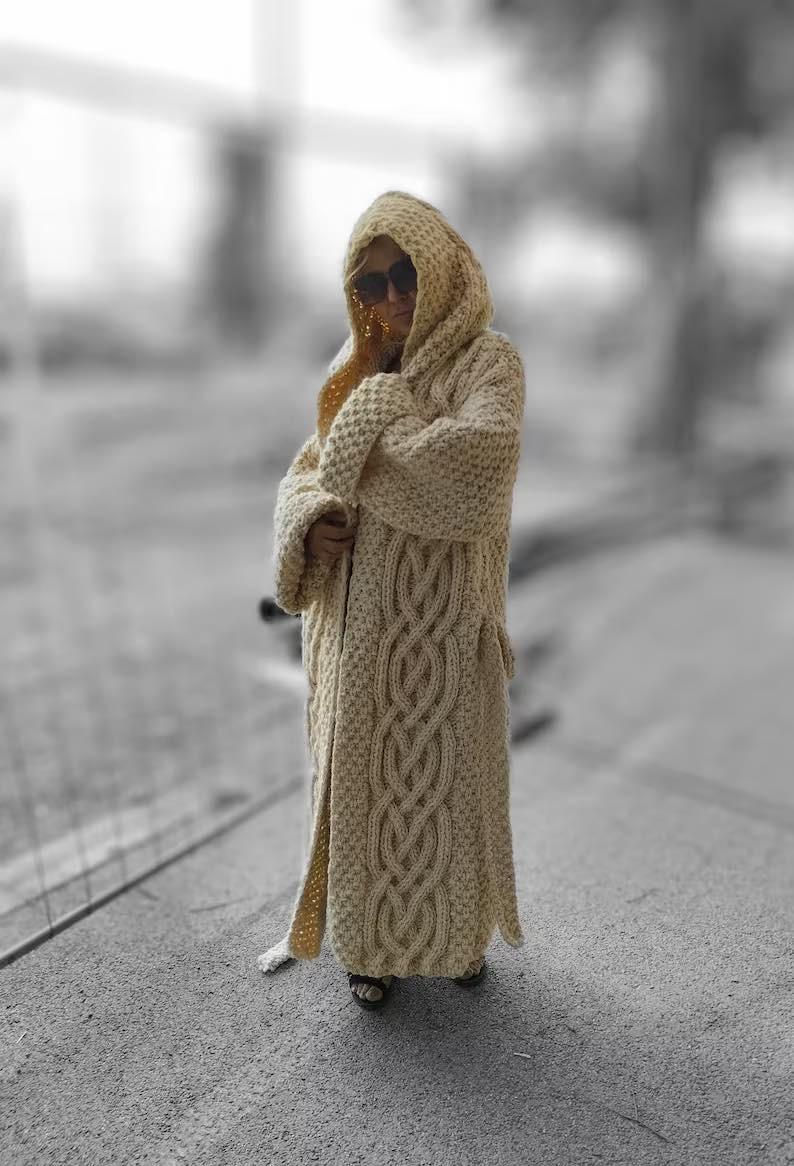 Gilet Long Femme Hiver - Cardigan Oversize En Laine Tweed | Avec Capuche Bouclette