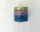 Hand Stained-Painted glass jar-red purple fading to blue(hombre) with intricate gold (henna style) designs.