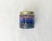 Hand Stained-Painted glass jar-red purple fading to blue(hombre) with intricate gold (henna style) designs