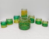 Hand Stained-Painted glass jar-yellow fading to green (hombre) with intricate gold (henna style) designs.