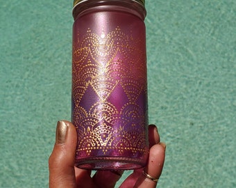 Hand Stained-Painted glass jar-purple fading to pink (ombre) with intricate gold 'henna style' designs. Bohemian centerpiece.