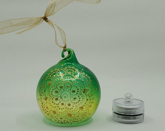 Hand painted and stained ornament/mini lantern in green and yellow