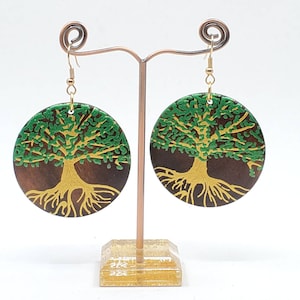 Tree of Life-  handpainted wood earrings - Gold and green. Boho