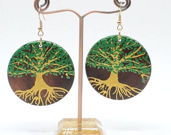 Tree of Life-  handpainted wood earrings - Gold and green. Boho