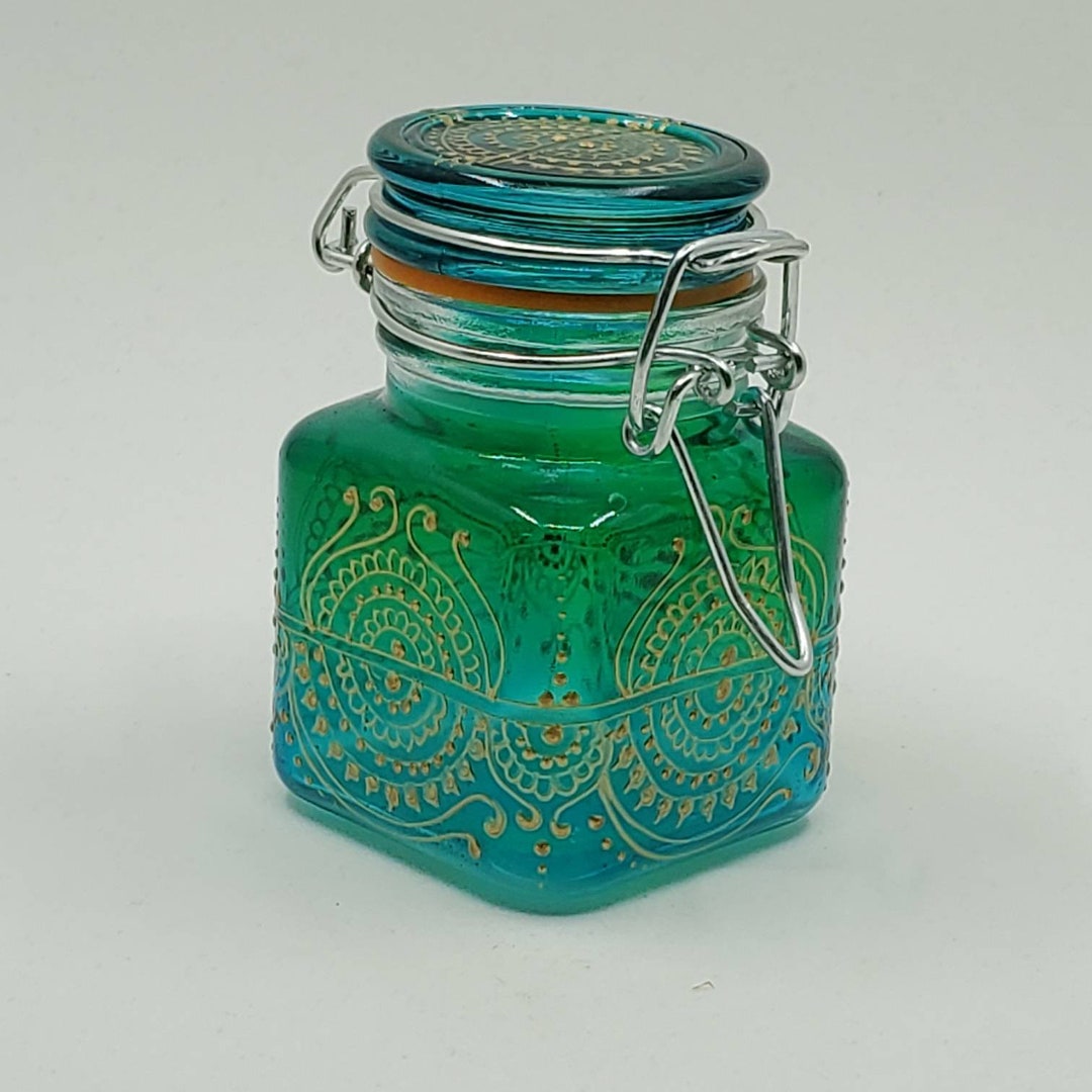 Hand Stainedpainted Glass Jar Blue Fading to Green ombre With
