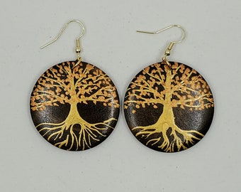 Tree of Life-  handpainted wood earrings - Gold and coppery. Boho