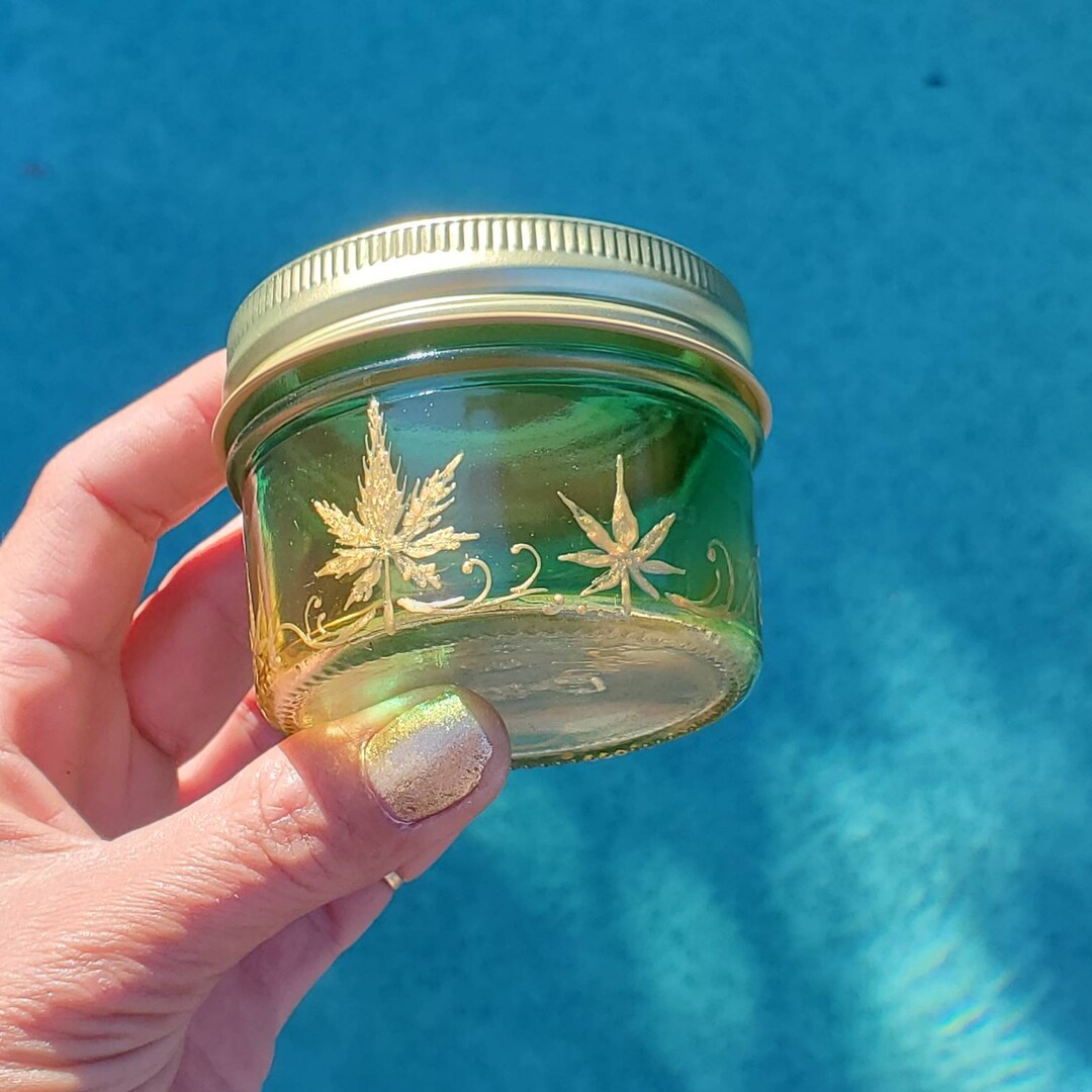 Hand Stained Hand Painted Glass Nug Jar Wide Mouth Green Etsy