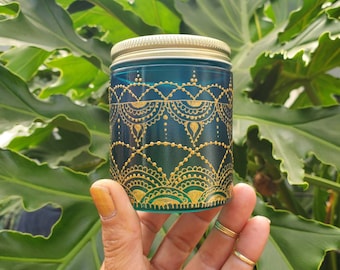 Hand Stained - Hand Painted glass jar - green fading to blue (hombre) with intricate gold (henna style) designs.