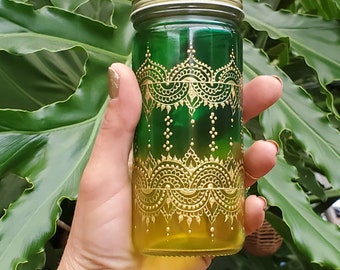 Hand Stained-Painted glass jar-yellow fading to green (Ombre) with intricate gold 'henna style' designs.