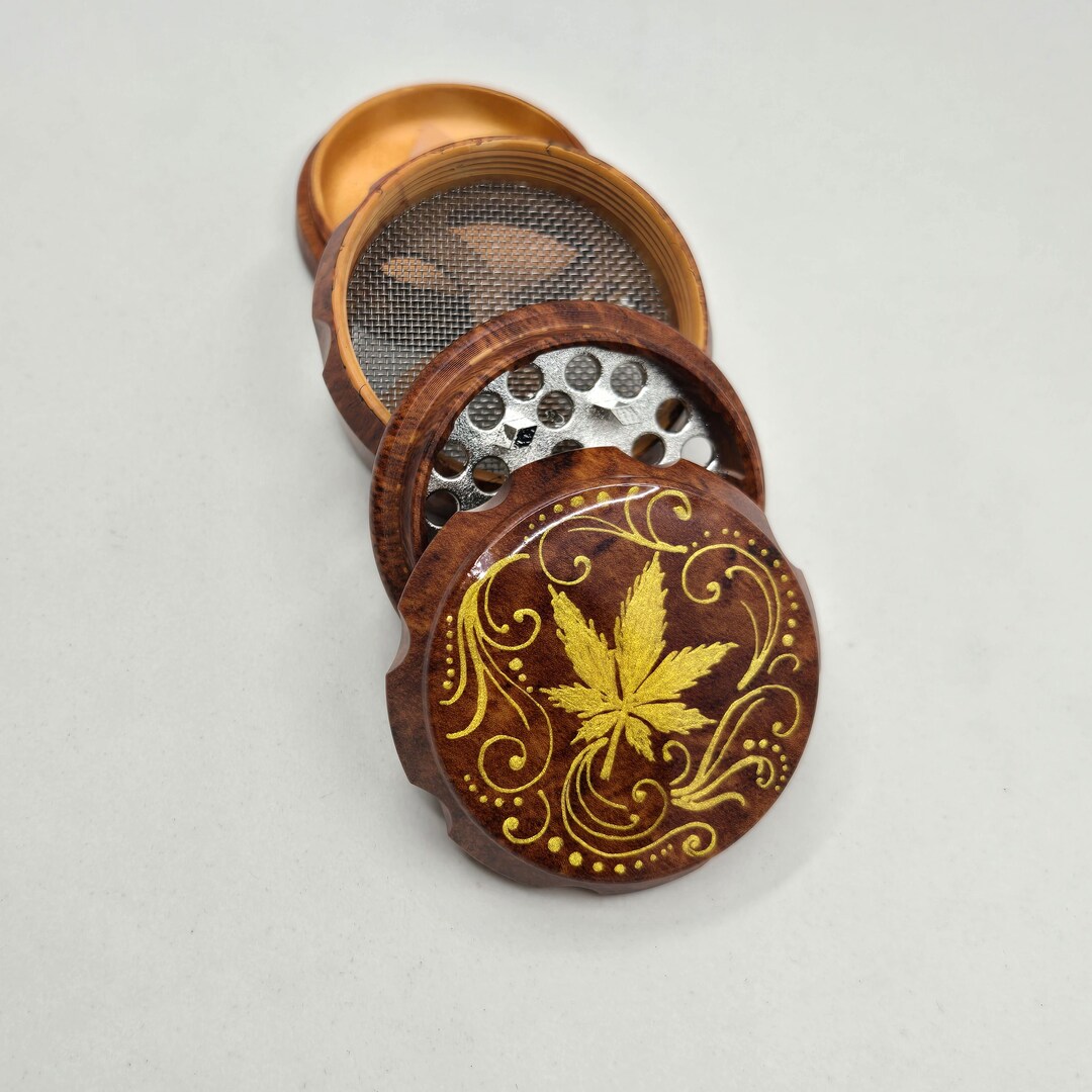 Small 4 Part Herb Grinder With Kief Catcher. Hand Painted Weed Leaf on