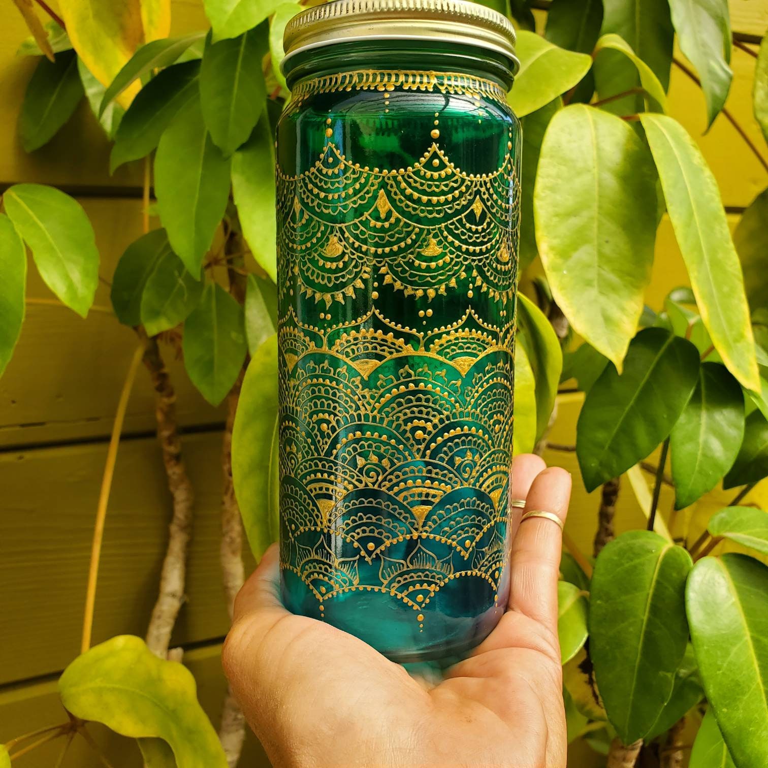 Hand Stainedpainted Glass Jar Green Fading to Blueombre Etsy