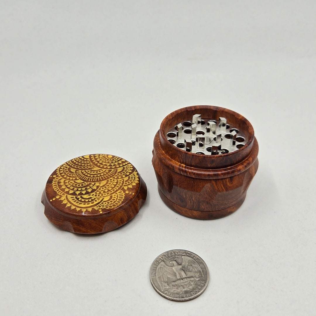 Small 4 Part Herb Grinder With Kief Catcher. Hand Painted Henna Designs