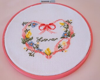 Wall Art Heart Floral Embroidery Love Valentine Wedding Flowers Petit Point Bow Coral Blue Yellow