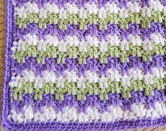 Baby Afghan Handmade Crochet Stripe Interwoven Purple White Green Soft  Cuddly
