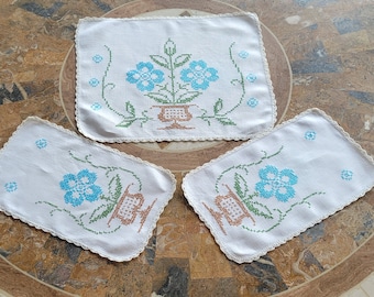 Vintage Doilies Hand Embroidered Cross Stitch Crochet Edging Aqua Floral Flower Pot Set of Three