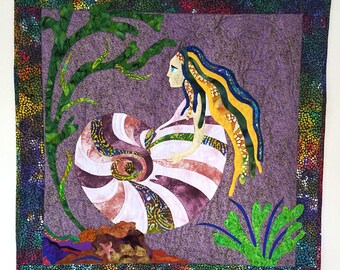 Mermaid Sea Witch Goddess Quilt Wall Hanging Wall Art Applique  Batik Blue Purple Gold Green Original Design