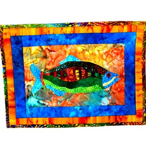 Wall Art Tropical Fish Quilt Fish Wall Hanging Batik Beach House Tropical Handmade Aqua Orange