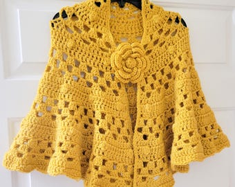 Swing Shawl Gold Crochet Boho Shawl Three Corner Stole Shoulder Wrap Handmade