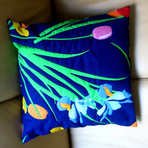 Blue Iris Pillow Cover Floral Decorator Pillow Throw Pillow Quilted Top Sham Navy Orange Yellow Pink