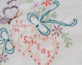 Wedding Pillowcases Embroidered Floral His Hers Hearts Handmade Butterfly Flowers One Of A Kind