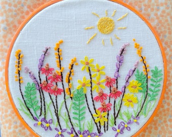 Floral Sunshine Secret Garden Embroidery Hoop Fiber Art Finished Red Yellow Orange