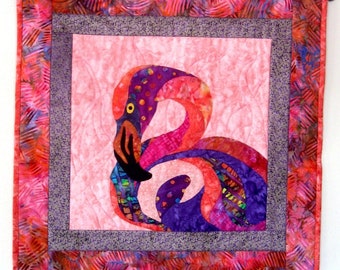 Pink Flamingo Fiber Art Quilt Batik Applique Tropical Beach House Decor Coral Purple Orange Pink Dots Original Design