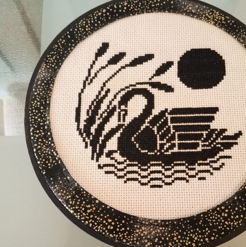 Black Swan Embroidery Fiber Art Wall Hanging Hoop Art Moon Black Swan White Fabric image 1