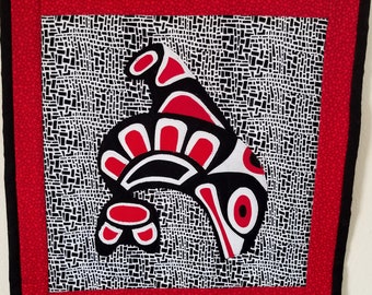 Art Quilt Turtle Raven Fish Spirit North West Coast Tlingit Art Inspired Wall Art Spirit Red Black