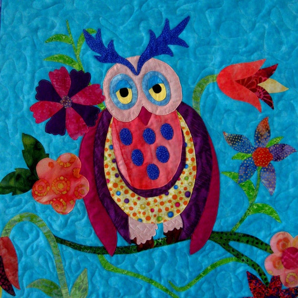 Owl Wall Art Quilt Sleepy Time Owl Quilted Wall Hanging Quilt Nursery Decoration Childrens Room Aqua Pink Yellow Original Design