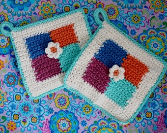 Flora Check Potholders Thick Crochet Hot Pads Pot Holders Pastel Aqua Coral Blue Pink Flower Center Handmade Set of Two