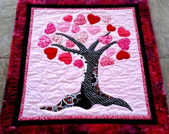 Valentine Art Quilt Tree Heart Art Quilt Sweetheart Wall Hanging Quilted Hearts Tree Red Pink Black White