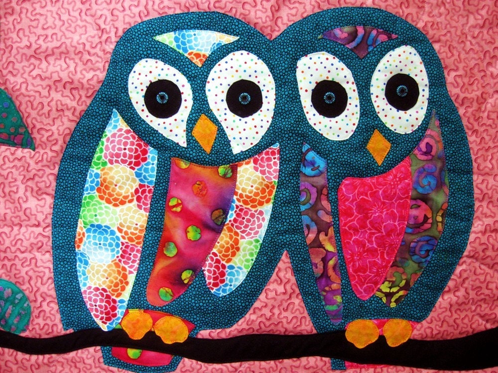Owl Art Quilt Batik Wall Hanging Wall Decor Aqua Pink | Etsy