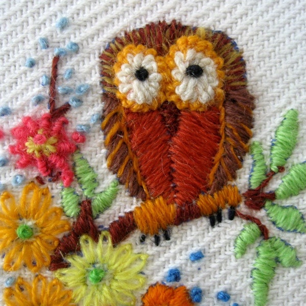 Embroidered Owl Wall Hanging Hoop Art Orange Brown Gold