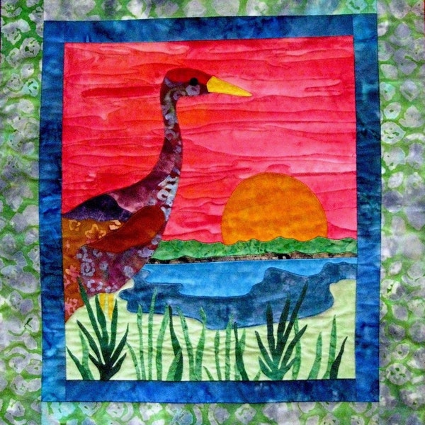 Art Quilt Wall Hanging Sandhill Crane Applique  Batik OOAK Handmade