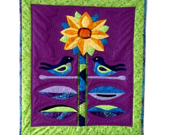 Sunflower Bluebird  Art Quilt Fiber Art Folk Art Quilt Batik Blue Green Decor Purple Gold  OOAK