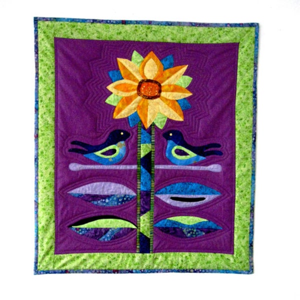 Sunflower Bluebird  Art Quilt Fiber Art Folk Art Quilt Batik Blue Green Decor Purple Gold  OOAK