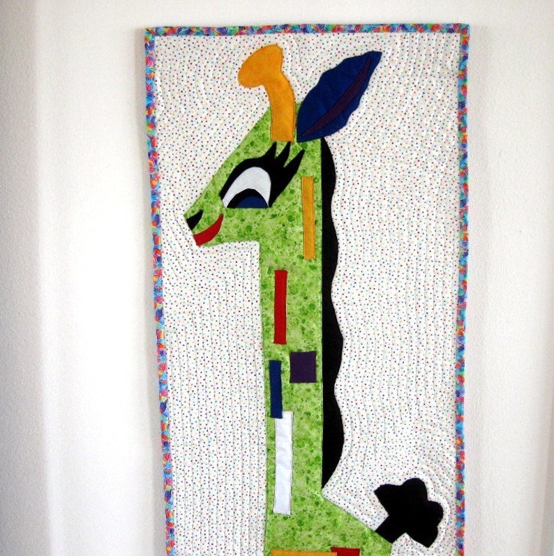 Wall Art Quilt Giraffe Wall Hanging Art Quilt Childrens Room Baby Decor Nursery Red Green Blue Handmade image 1