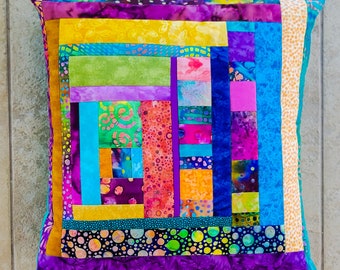 Decorative Pillow Abstract Batik Fabric Bright 16 x 16 Handmade Color Block  Boho Home Décor Orange Blue Gold Green Purple Envelope Closure