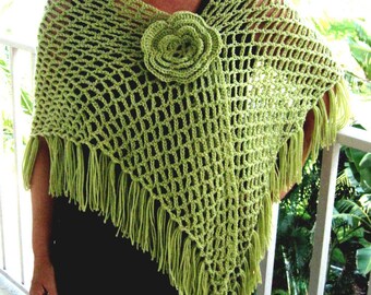 Crochet Shawl Green Shawl  Wrap Citron Lime Flower Pin Netted Shoulder Wrap Cover Up