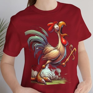 Funny Rooster Crowing Tee Shirt, Rooster Cartoon Unisex T-Shirt, Comical Chicken Graphic Shirt, Animal Lover Gift Top, Farmhouse Chicken