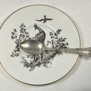 May include: A white porcelain saucer with a gold rim and a black and white design of a bird and foliage. A silver teaspoon is resting on the saucer.